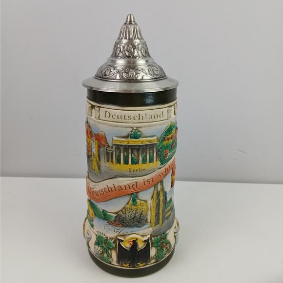 Vintage GERZ Germany Lidded Beer Stein – German Cityscape Relief – Pewter Lid - Picture 4 of 7
